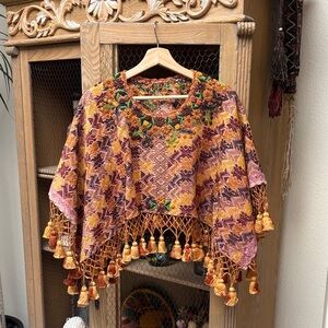 Vintage Hand Woven Embroidered Huipil Poncho with Tassels